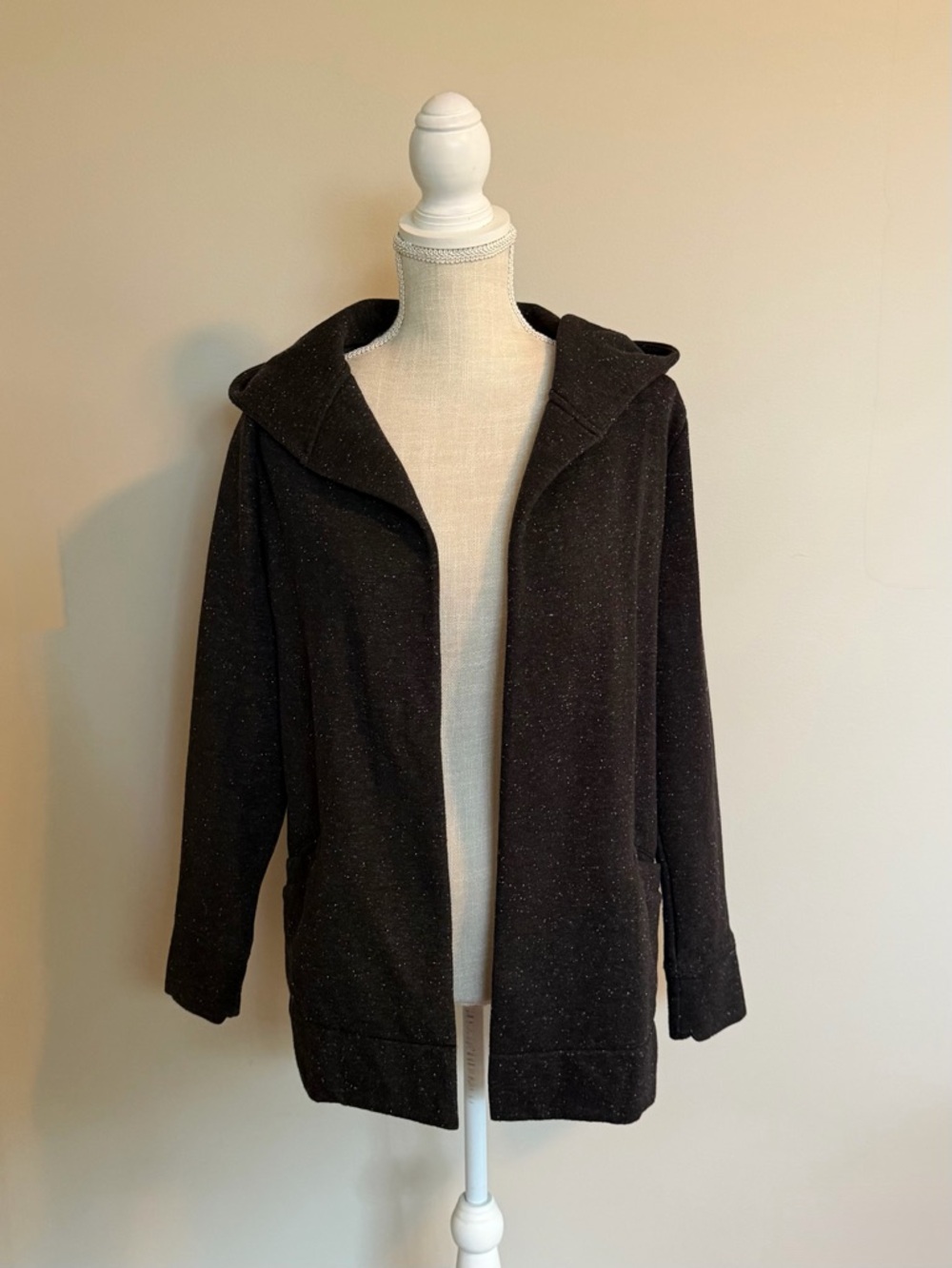 LOFT Black Flecked Open-Front Hooded Sweater